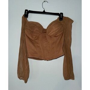 Privvy Corset Top Brown Long Sleeve Bustier Blouse Off Shoulder Medium